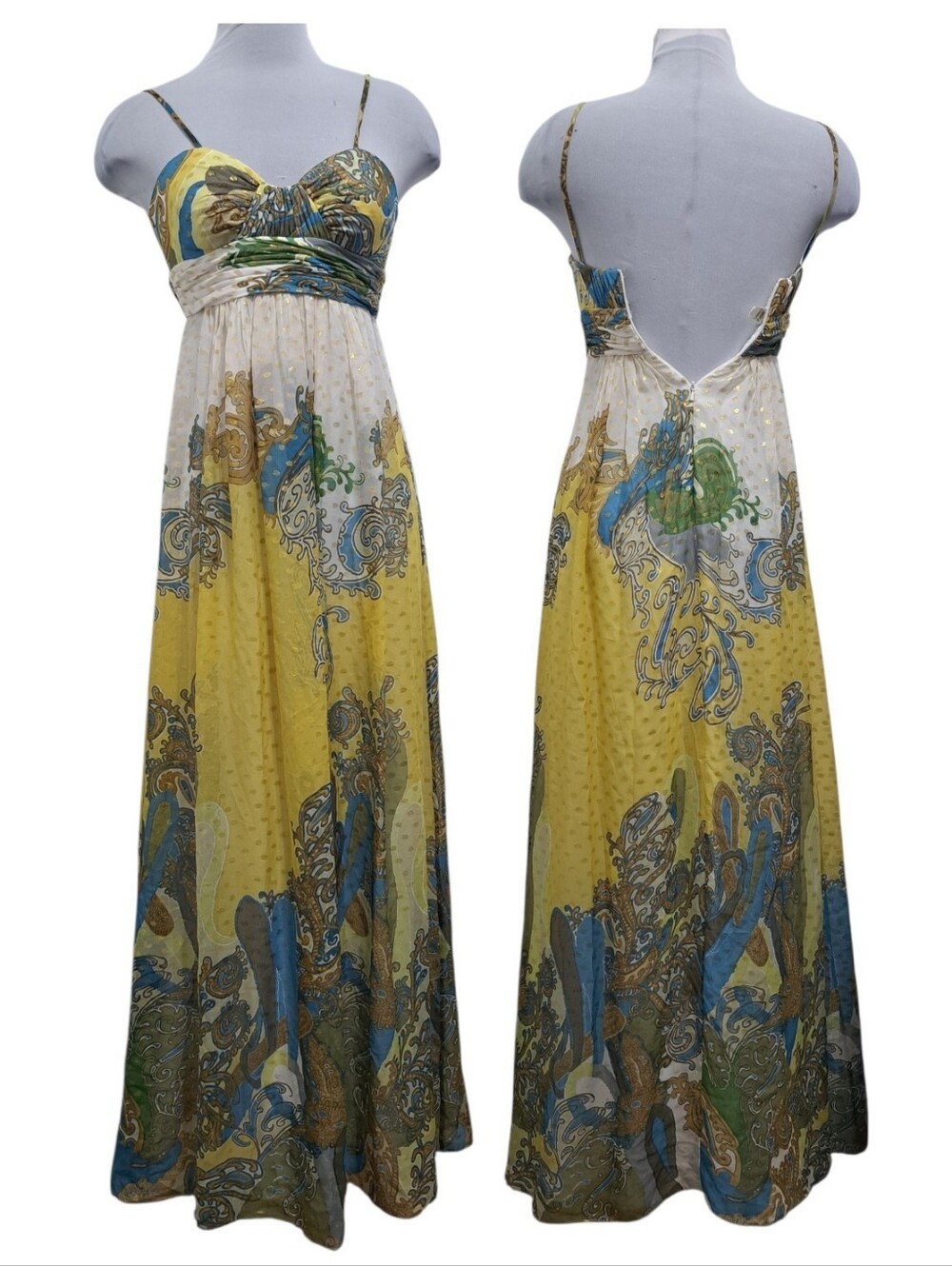 Aidan Mattox Boho Silk Paisley Print Formal Maxi Dress Size 0 Yellow Multi Color